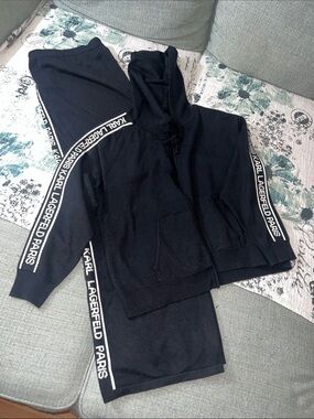 Karl Lagerfeld Black Hoodie & Sweatpants Set with White Logo Tape